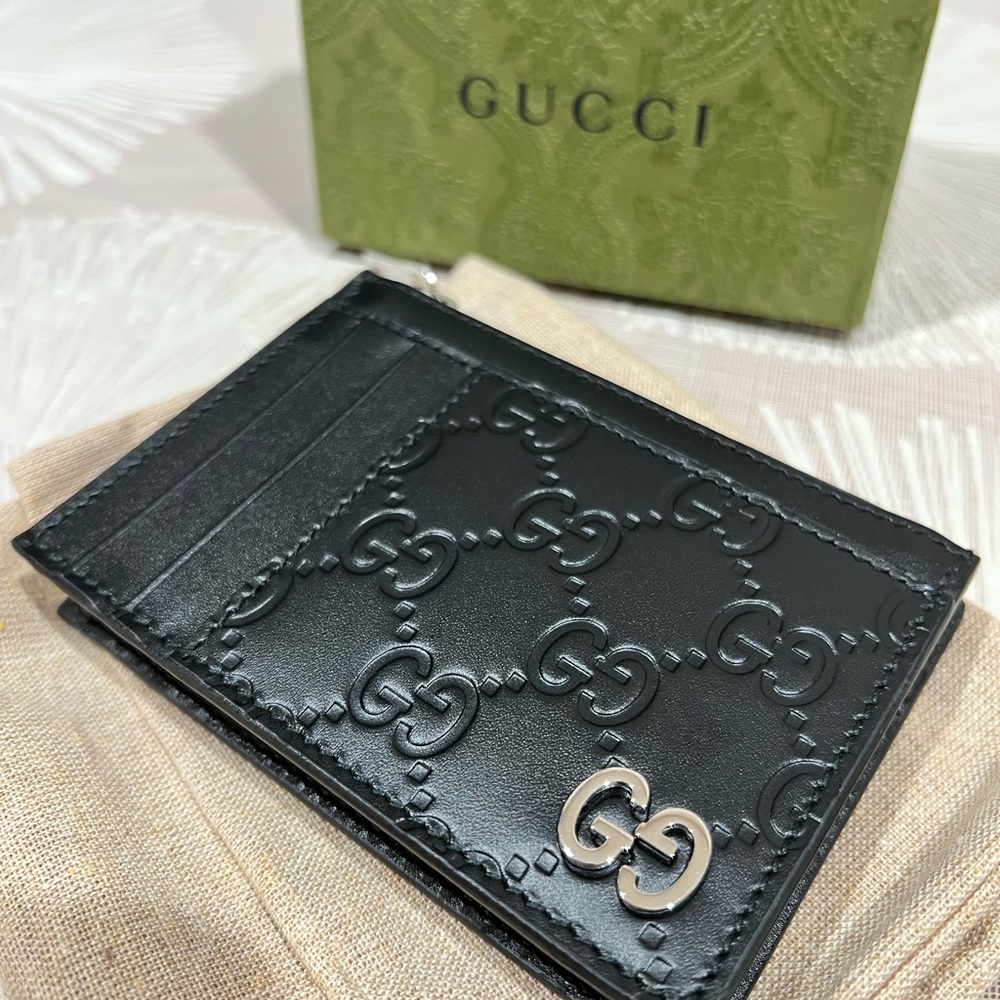 Gucci Black Key & Card Holder with Embossed Double-G Pattern
